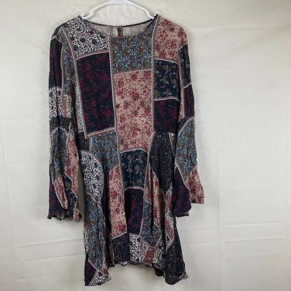American Eagle Patchwork Mini Dress Sz S Boho Bell Slv Babydoll Festival Hippie - Picture 2 of 5